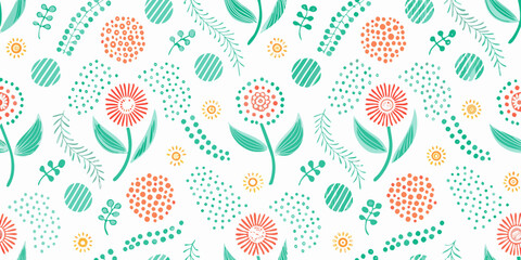 Hand drawn floral pattern with flowers leaves circles and dots on white