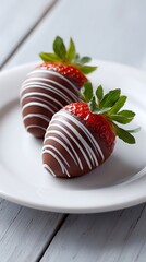 Sweet chocolate dipped strawberries placed on plate close-up