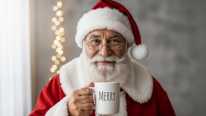 Santa holding a mug with &ldquo;Merry&rdquo; printed on it, close-up, ambient soft white light