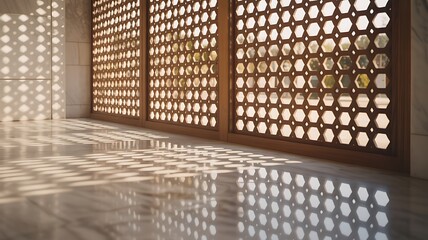 Ornate wooden screen creating light patterns Vector