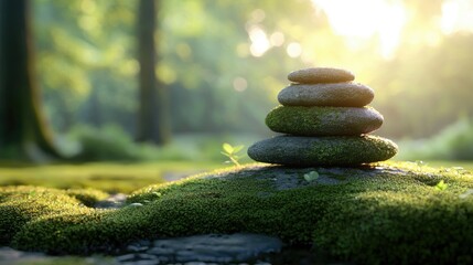 A stack of balanced stones on a mossy surface in a forest setting, bathed in warm sunlight.