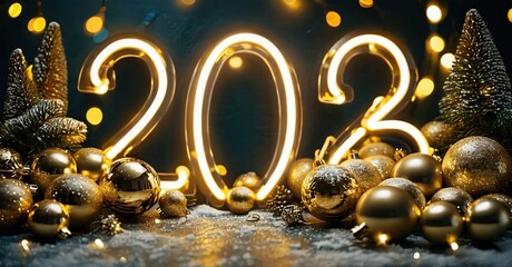 Golden numbers illuminate winter scene. Ornaments, trees, snow create festive holiday atmosphere. Bright lights enhance celebratory mood.