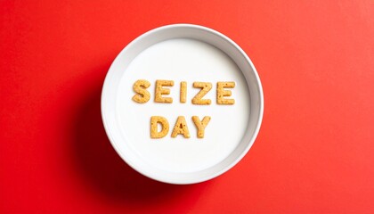 "Seize day" cereal letters in milk bowl on navy background