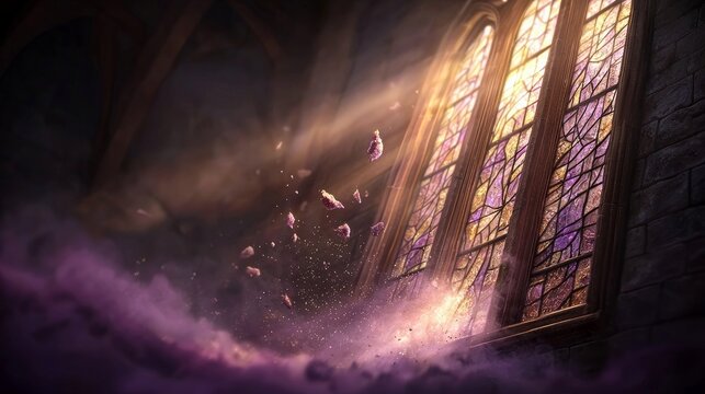 A dramatic interior scene featuring a stained glass window, illuminated by bright light beams and surrounded by floating objects and a purple haze.