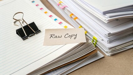 Flat lay of binder clip holding raw copy pages