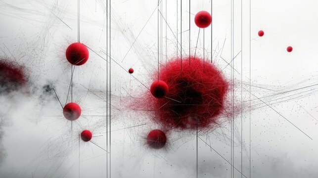 An abstract image featuring red spheres connected by thin lines against a white background. The spheres vary in size and are surrounded by a cloud-like texture.