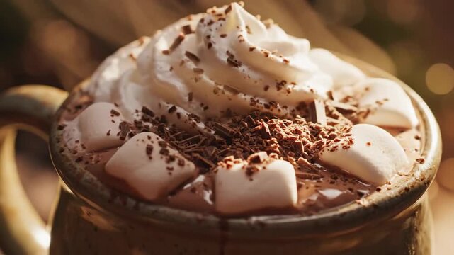 A Delightful Glimpse: Steaming Hot Chocolate with Whipped Cream and Marshmallows