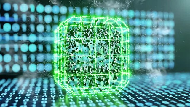 A digital representation of a virus enclosed in a glowing green grid, set against a binary code background