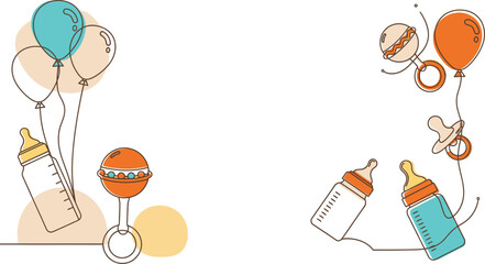 Whimsical hand drawn baby shower decorations featuring balloons baby bottles pacifiers and rattles creating a festive and joyful atmosphere for celebration