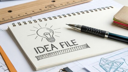 Flat lay of design sketch idea written in notebook