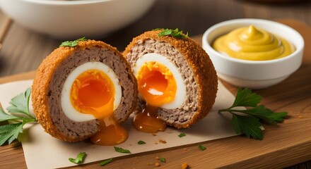 Perfectly cooked scotch egg, sliced in half to reveal a vibrant golden runny yolk, served on a rustic wooden board with fresh parsley and tangy mustard