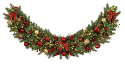 Festive christmas garland with holly and red bows for holiday decoration