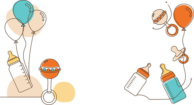 Whimsical hand drawn baby shower decorations featuring balloons baby bottles pacifiers and rattles creating a festive and joyful atmosphere for celebration