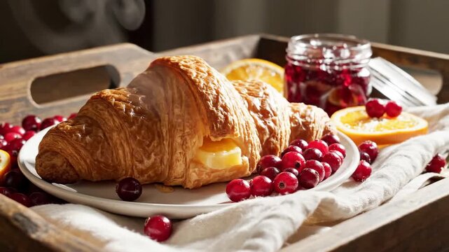 A Delightful Assortment of Breakfast Delights: Croissants, Berries and Citrus Fruits, and More