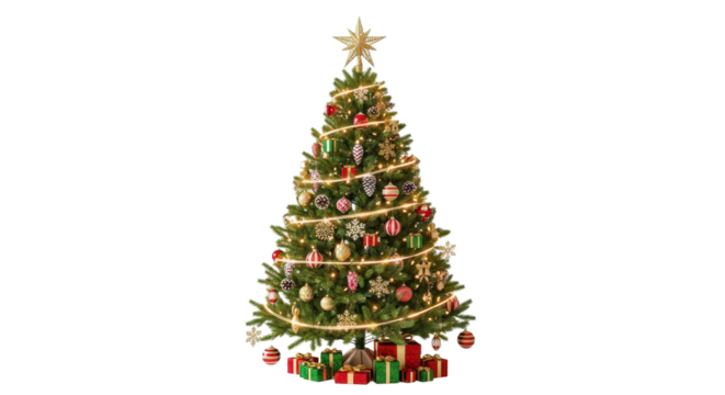 Festive christmas tree with decorations and gifts for holiday celebration and home decor