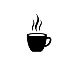 black and white icon of a simple coffee cup or mug with circular steam lines rising above it. This graphic represents a hot beverage, morning ritual, and the comforting aroma of a fresh brew