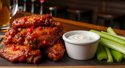Spicy buffalo chicken wings served with creamy ranch dipping sauce and fresh celery sticks on a wooden bar counter, perfect for a casual meal or snack