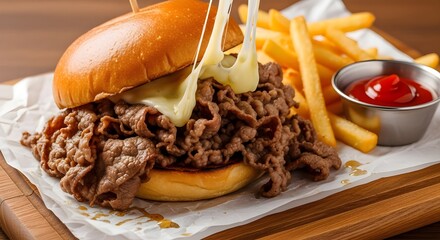 Delicious cheesesteak sandwich with tender shaved beef, gooey melted cheese, and golden crispy french fries, served with a side of ketchup on a rustic wooden board, perfect for a hearty meal or snack