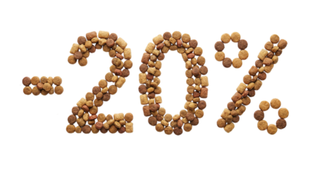 Pet shop sale concept: creative typography made of pet supplies. 20% discount symbol made of pet food isolated on transparent background 