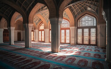 Islamic mosque interior, arches, prayer rugs Vector
