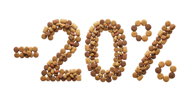 Pet shop sale concept: creative typography made of pet supplies. 20% discount symbol made of pet food isolated on transparent background 