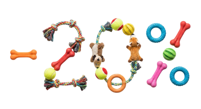 Pet toys arranged as -20% discount numbers on white background