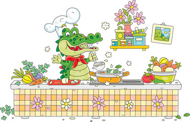 Funny green crocodile cooking an original vegetarian tasty soup with fresh vegetables and spices in a cozy home kitchen, vector cartoon illustration isolated on a white background