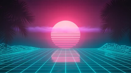 Retro synthwave grid world with neon palm trees Vector