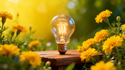 Bright light bulb in nature shows hope for innovation creativity and technology for future of 2026