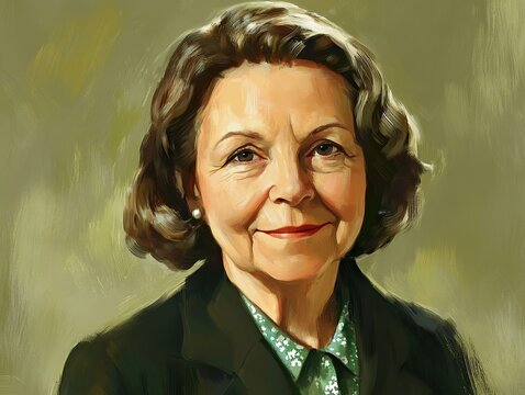 Portrait of a mature woman with a warm smile, painted in an impressionistic style. Kind face and soft eyes.