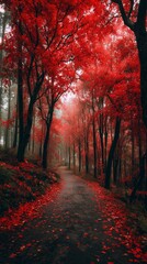 The maple forest in full bloom with red leaves changing colors, the path covered with red leaves, a cinematic view.