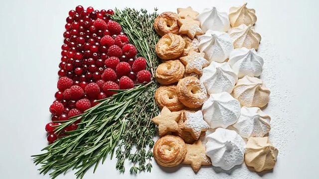 Aesthetic food arrangement featuring berries, herbs, pastries, and meringues in a minimalist design