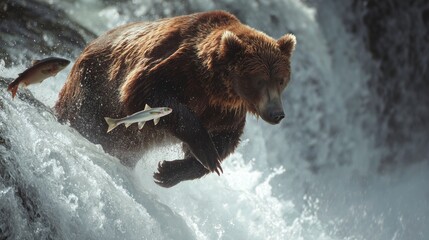 Wild brown bear catching salmon mid-jump at waterfall, powerful stop-motion realism