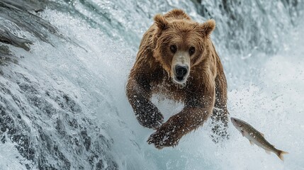 Wild brown bear catching salmon mid-jump at waterfall, powerful stop-motion realism