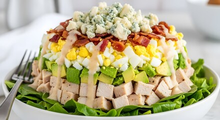 A vibrant layered cobb salad with chicken, avocado, hardboiled eggs, crispy bacon, and blue cheese, drizzled with dressing, served on fresh lettuce