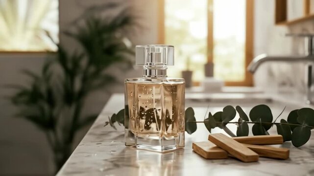 Elegant perfume bottle with water drops on marble counter with eucalyptus and wood, for natural fragrance concept and luxury beauty product advertising