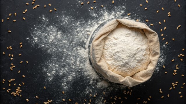 A top-down view of a round basket filled with flour, surrounded by scattered flour and seeds on a dark surface. - Powered by Adobe