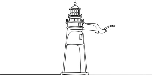 Linear Beacon Tower with Seagull Silhouette Art.