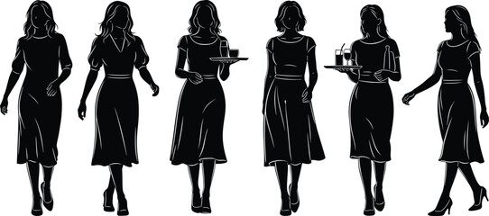 Set of six elegant black female silhouettes, featuring women walking and waitresses holding serving trays with drinks, isolated on a white background for design projects.