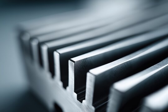 Macro photo of aluminum heatsink with parallel cooling fins. Industrial component with sharp metallic edges and clean anodized surface in soft blue light