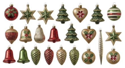 Festive christmas ornaments collection featuring stars, bells, and hearts