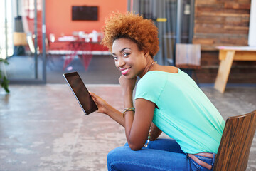 Smile, creative agency and black woman with tablet, portrait and internet with social media campaign. African person, copywriting and magazine editor with tech, website info and digital app for email