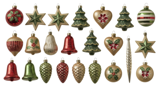 Festive christmas ornaments collection featuring stars, bells, and hearts