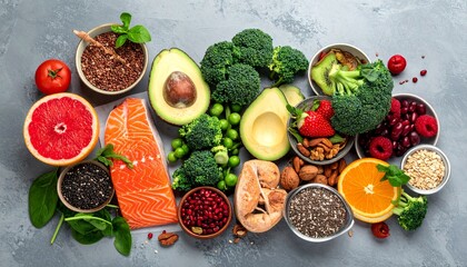 Assortment of antioxidant, rich, vitamin, packed health foods displayed on a neutral gray surface promoting age, defying diet ideas with room for copy