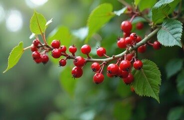 Closeup shows red berries with green leaves. Bunch of berries grow on tree. Plant with bright berries looks attractive in forest. Summer forest nature beauty. Poisonous plant. Herbal medicine concept.