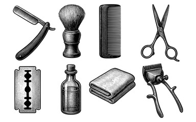 Vintage barber tools collection: classic grooming equipment in retro design