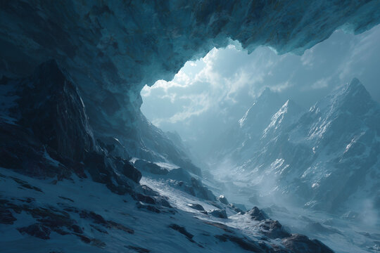 A primordial scene of a volcanic ice cave, where geothermal heat meets ancient glacier