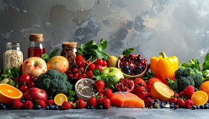 Assortment of antioxidant, rich, vitamin, packed health foods displayed on a neutral gray surface promoting age, defying diet ideas with room for copy