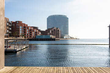 Contemporary architecture framing Copenhagen housing within Nordhavn city development, highlighting modern design, urban landscape details and polished visual structure for commercial use