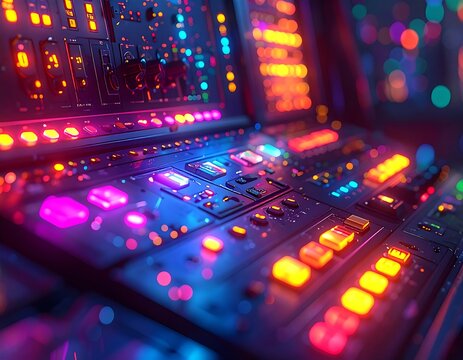 Neon lit control panel with buttons, lights, and futuristic design